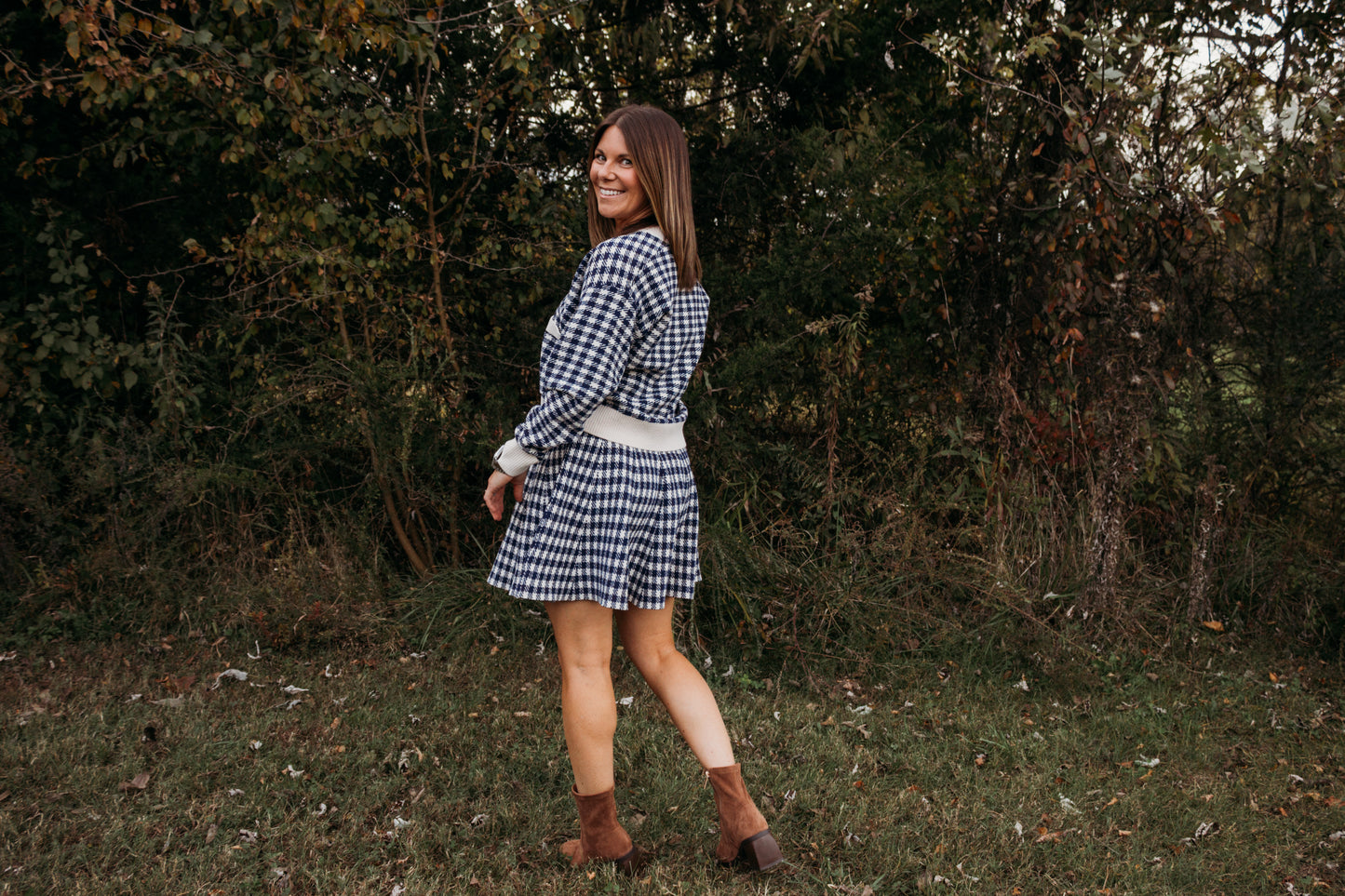 Checkered Pattern Knit Cardigan & Pleated Skirt Set