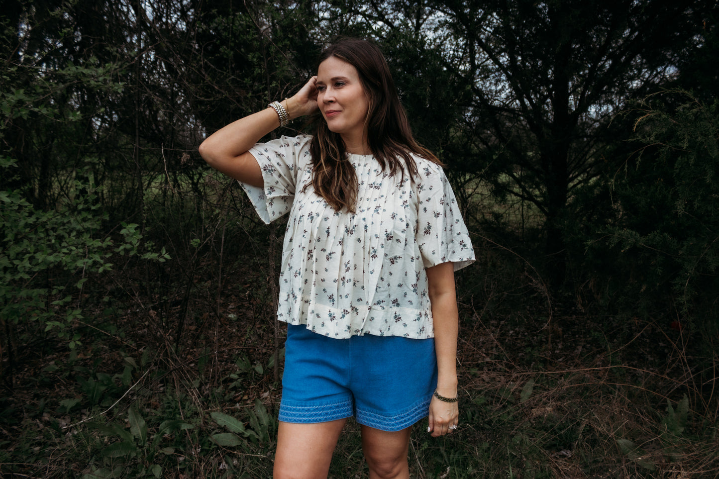 Floral Ivory Print Pintuck Short Sleeve Blouse