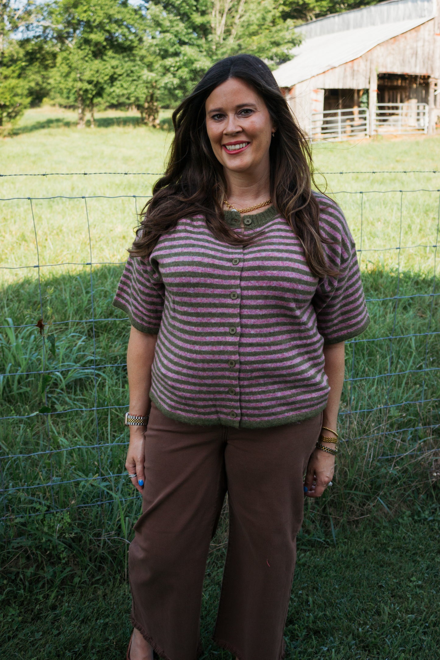 The Moss Orchid Stripe Cardigan