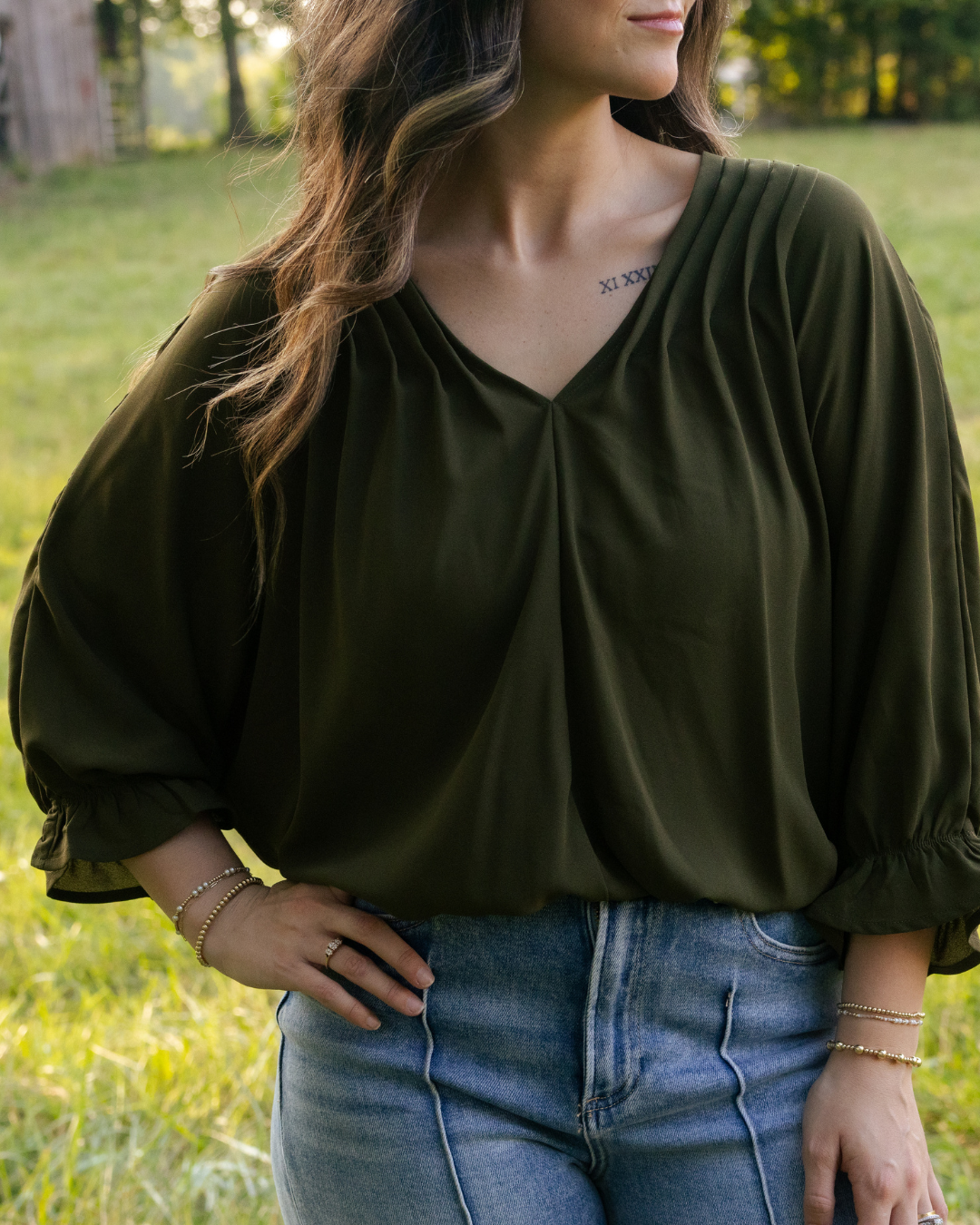 Olive Pintuck Blouse