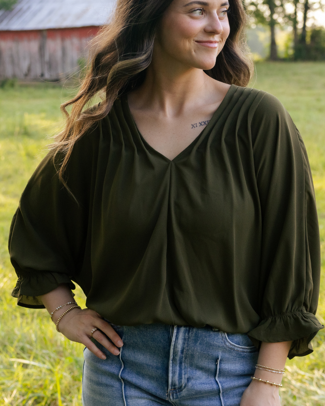 Olive Pintuck Blouse