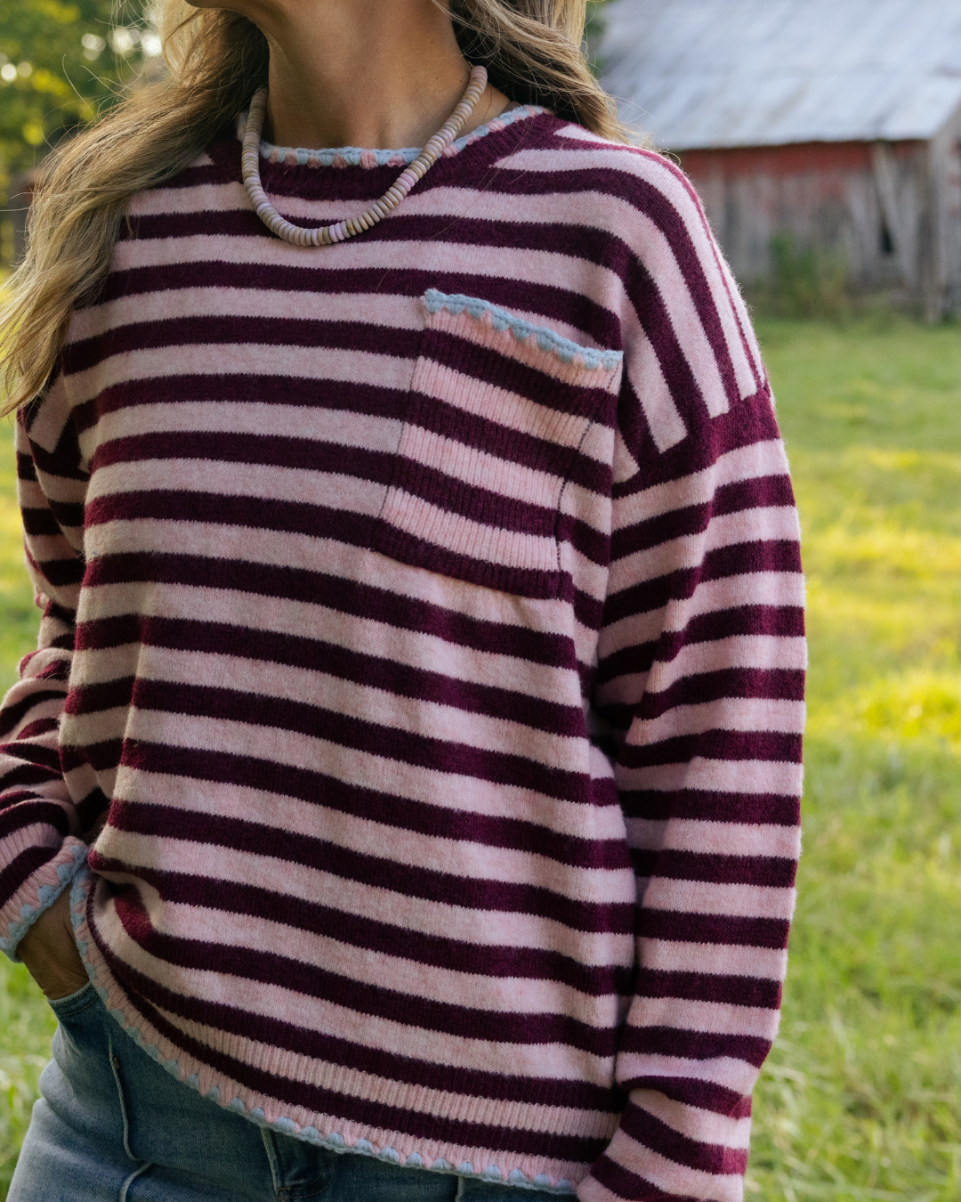 Chloe Pink and Wine Striped Sweater