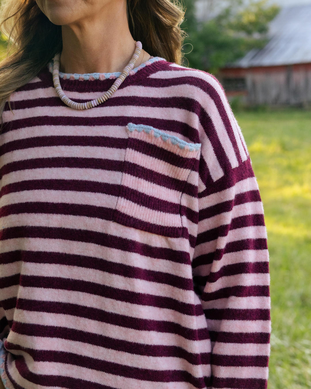 Chloe Pink and Wine Striped Sweater