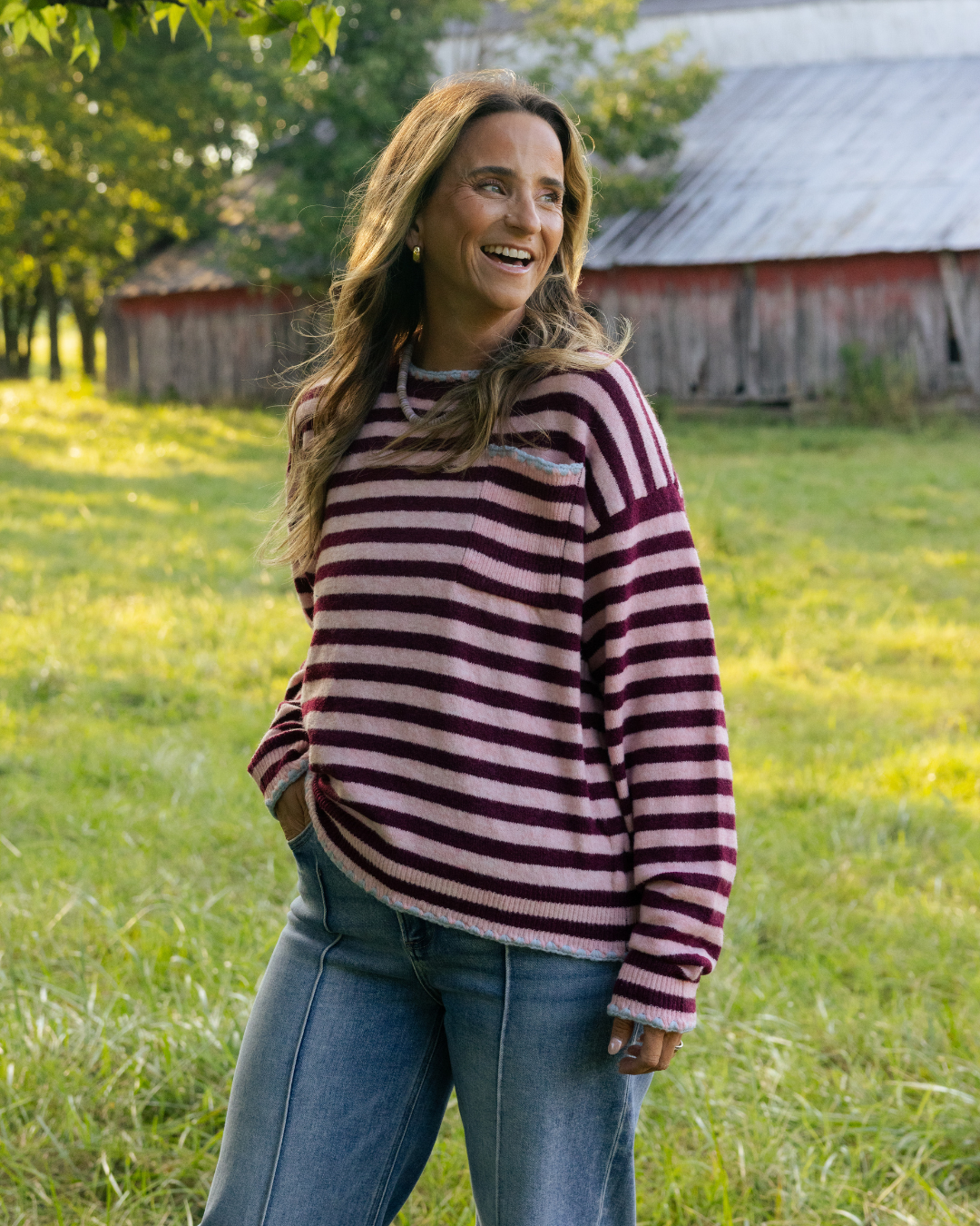 Chloe Pink and Wine Striped Sweater