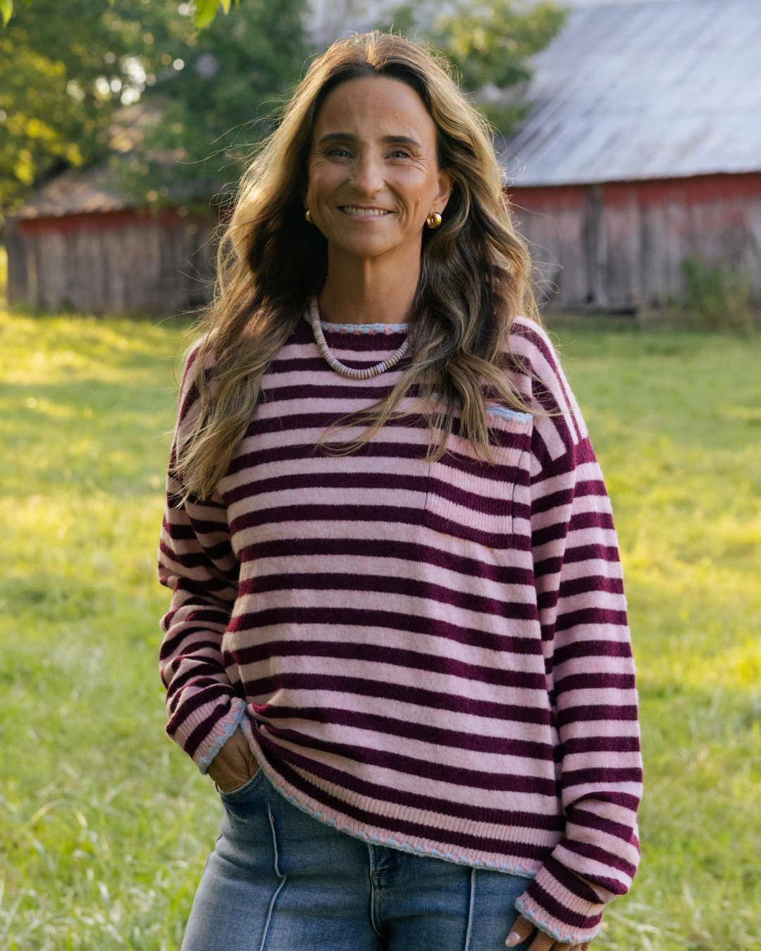 Chloe Pink and Wine Striped Sweater