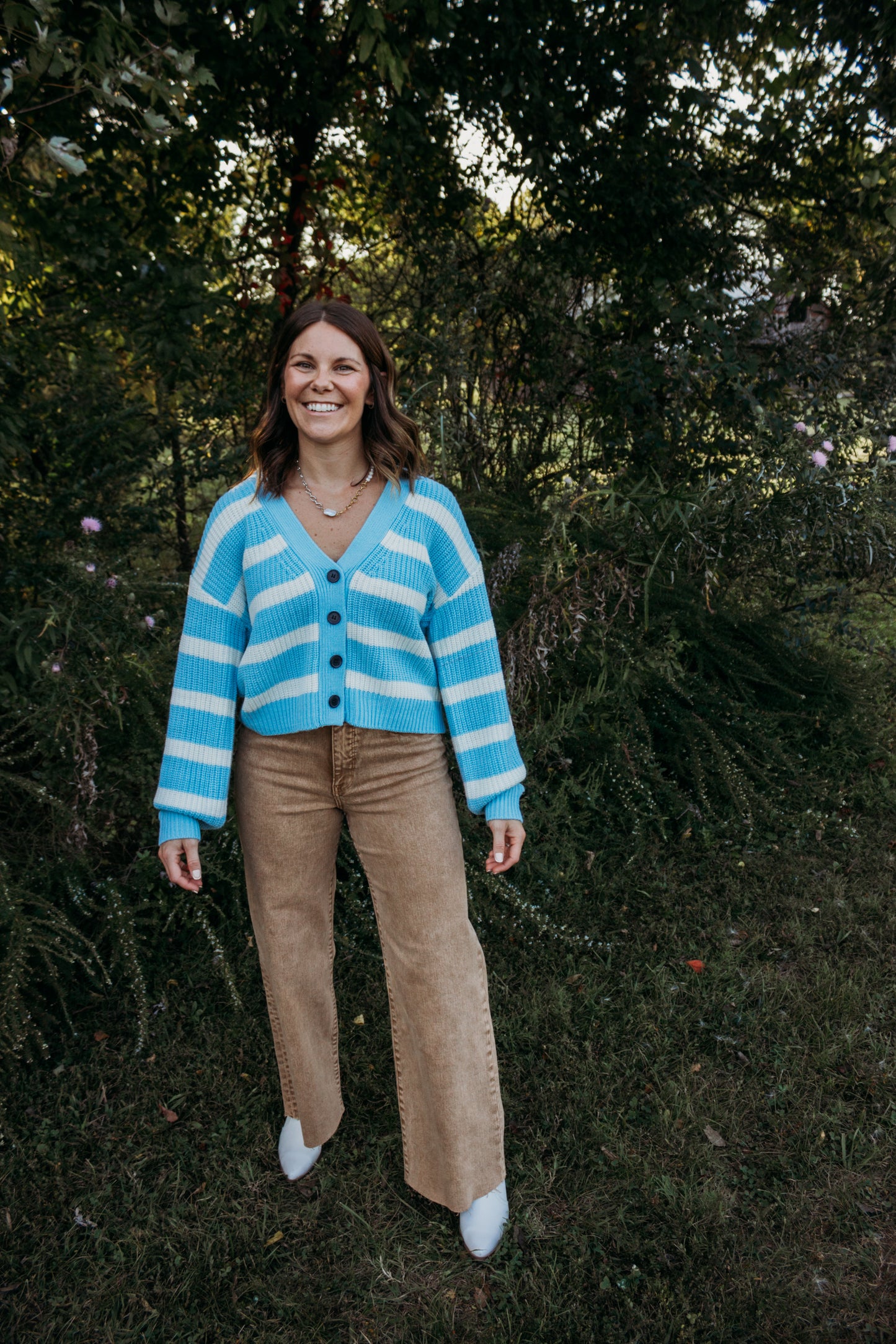 Sky Blue Striped Button Front Cardigan