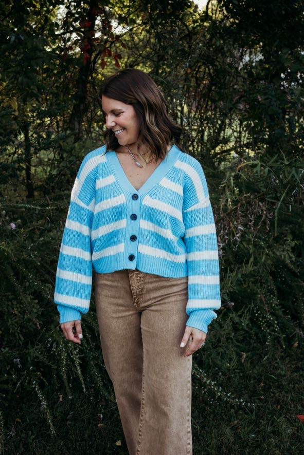 Sky Blue Striped Button Front Cardigan
