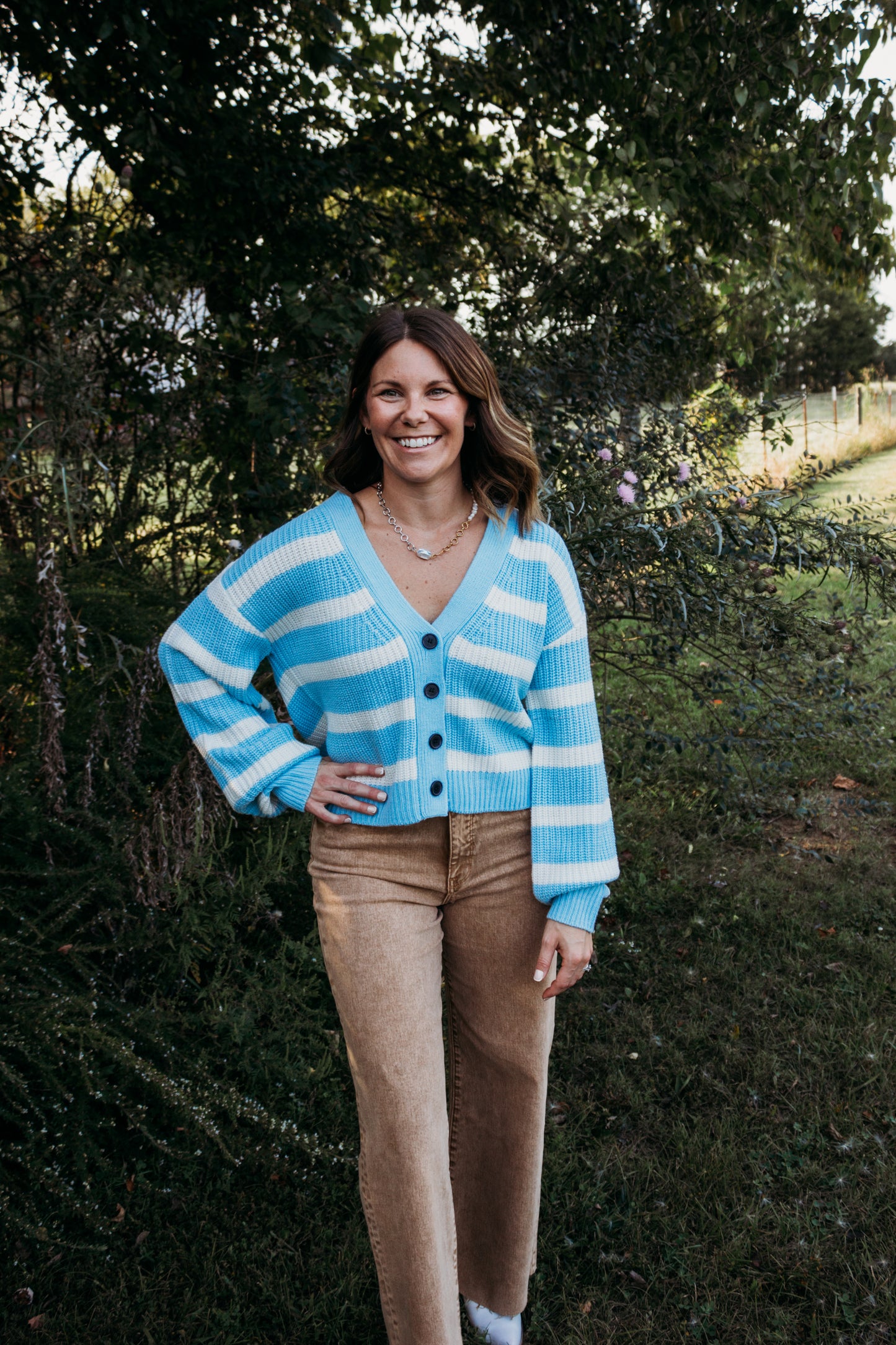 Sky Blue Striped Button Front Cardigan