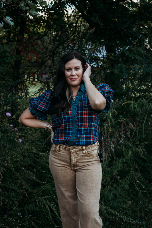 Plaid Puff Sleeve Top-Plus