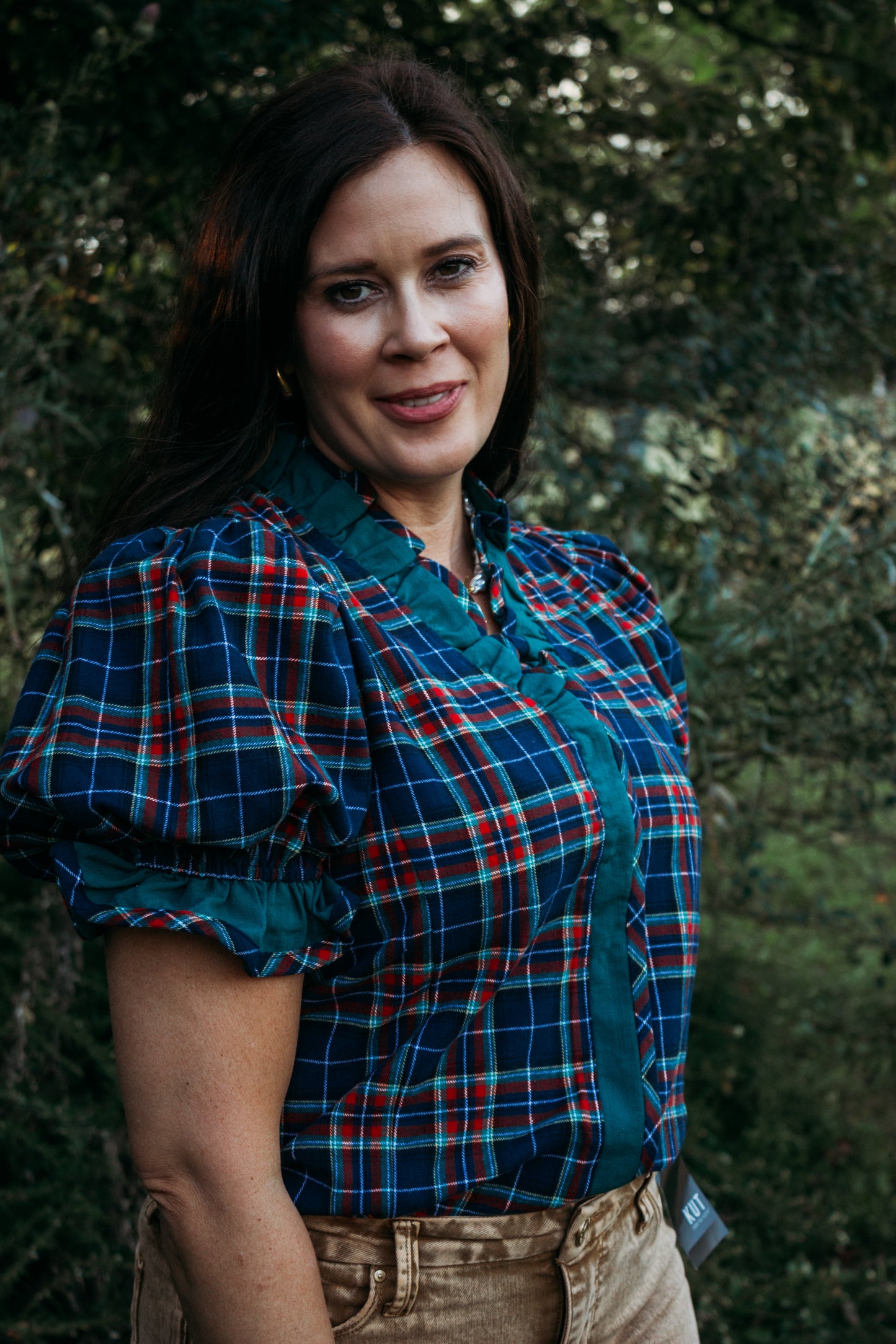 Plaid Puff Sleeve Top-Plus