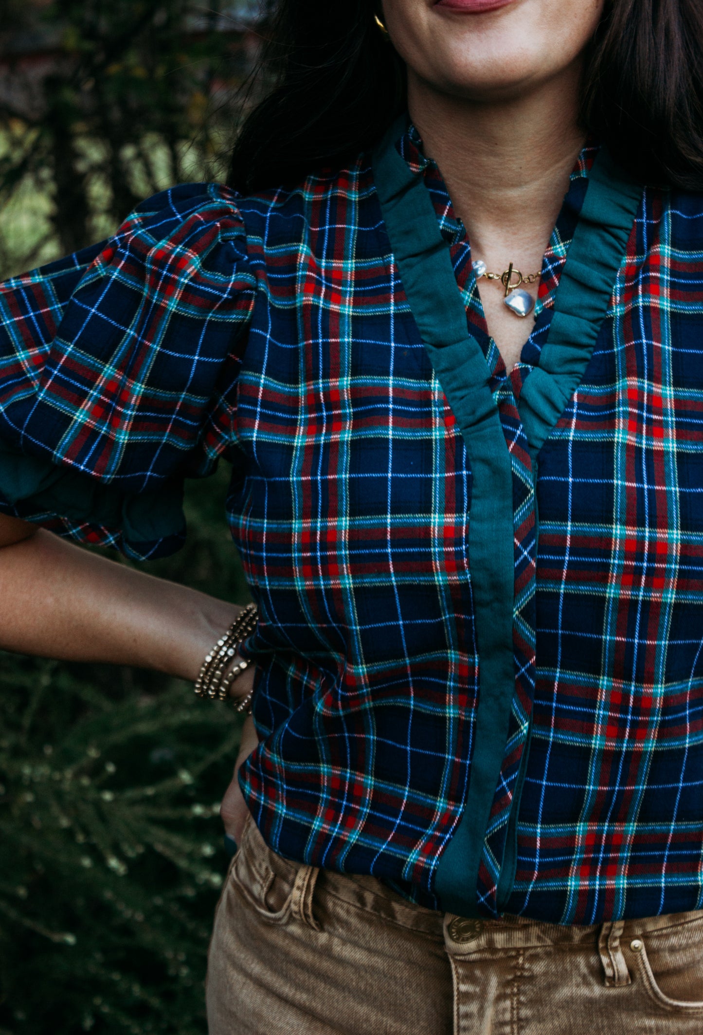 Plaid Puff Sleeve Top-Plus