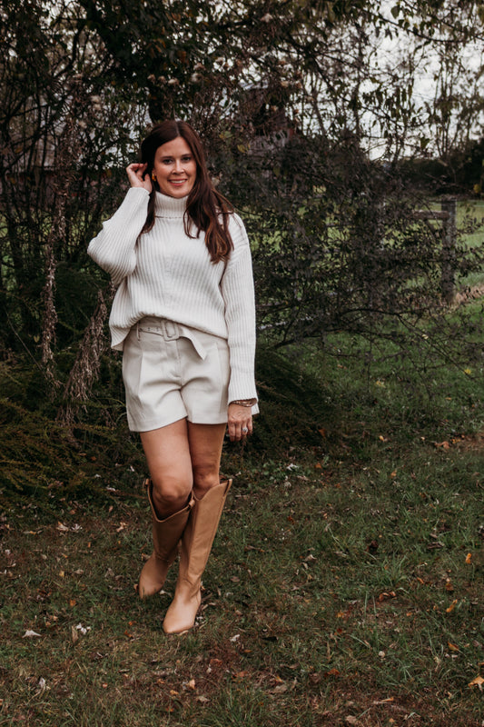 Ivory Faux Leather Belted Shorts