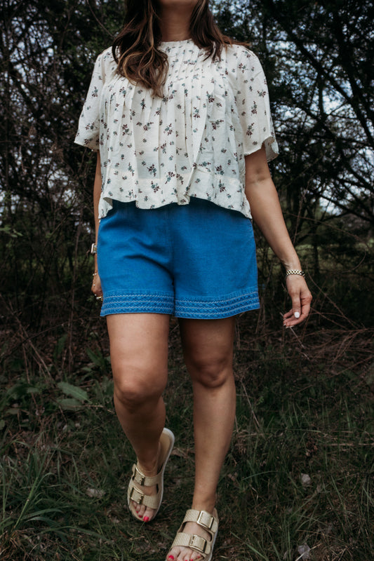 Floral Ivory Print Pintuck Short Sleeve Blouse
