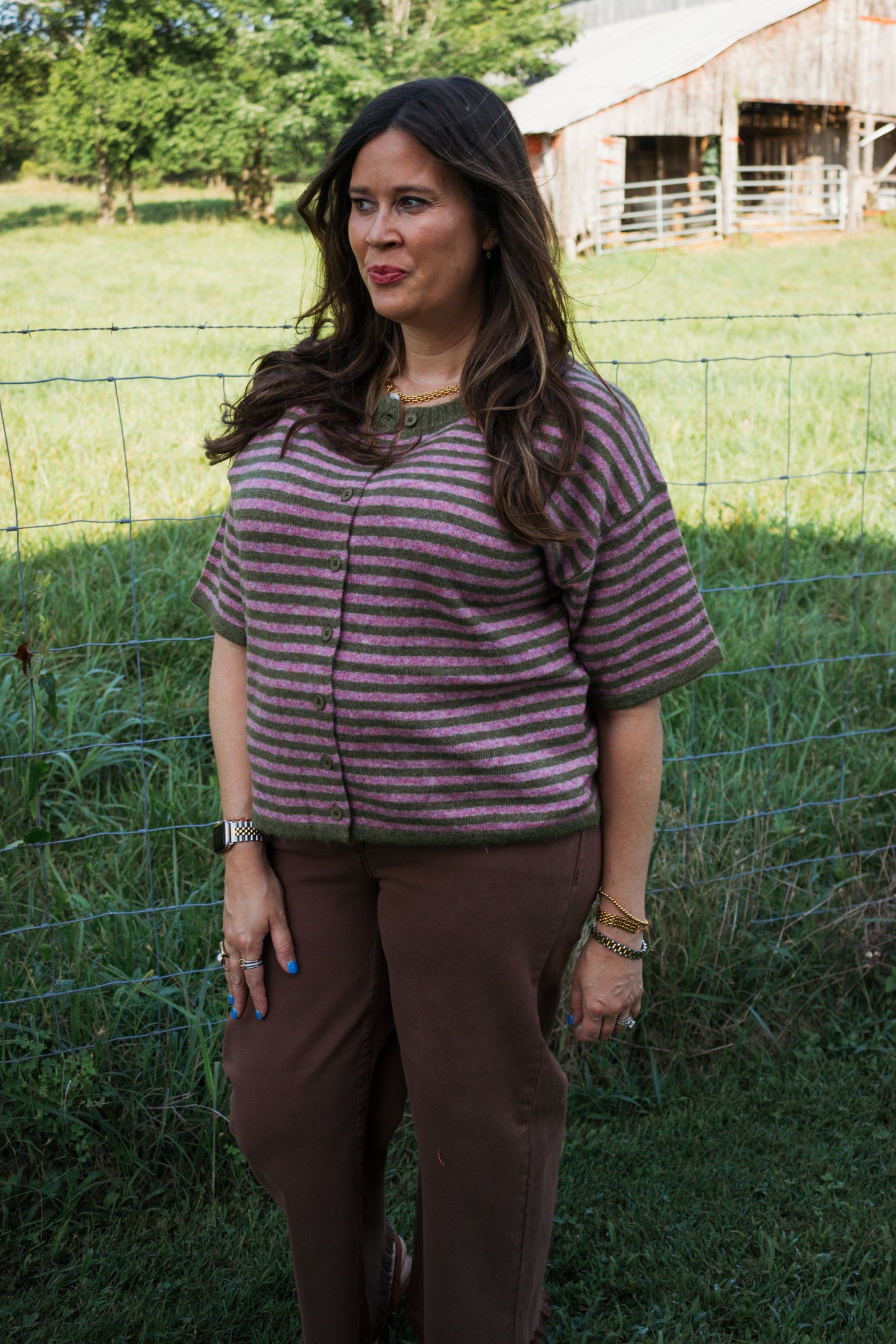 The Moss Orchid Stripe Cardigan