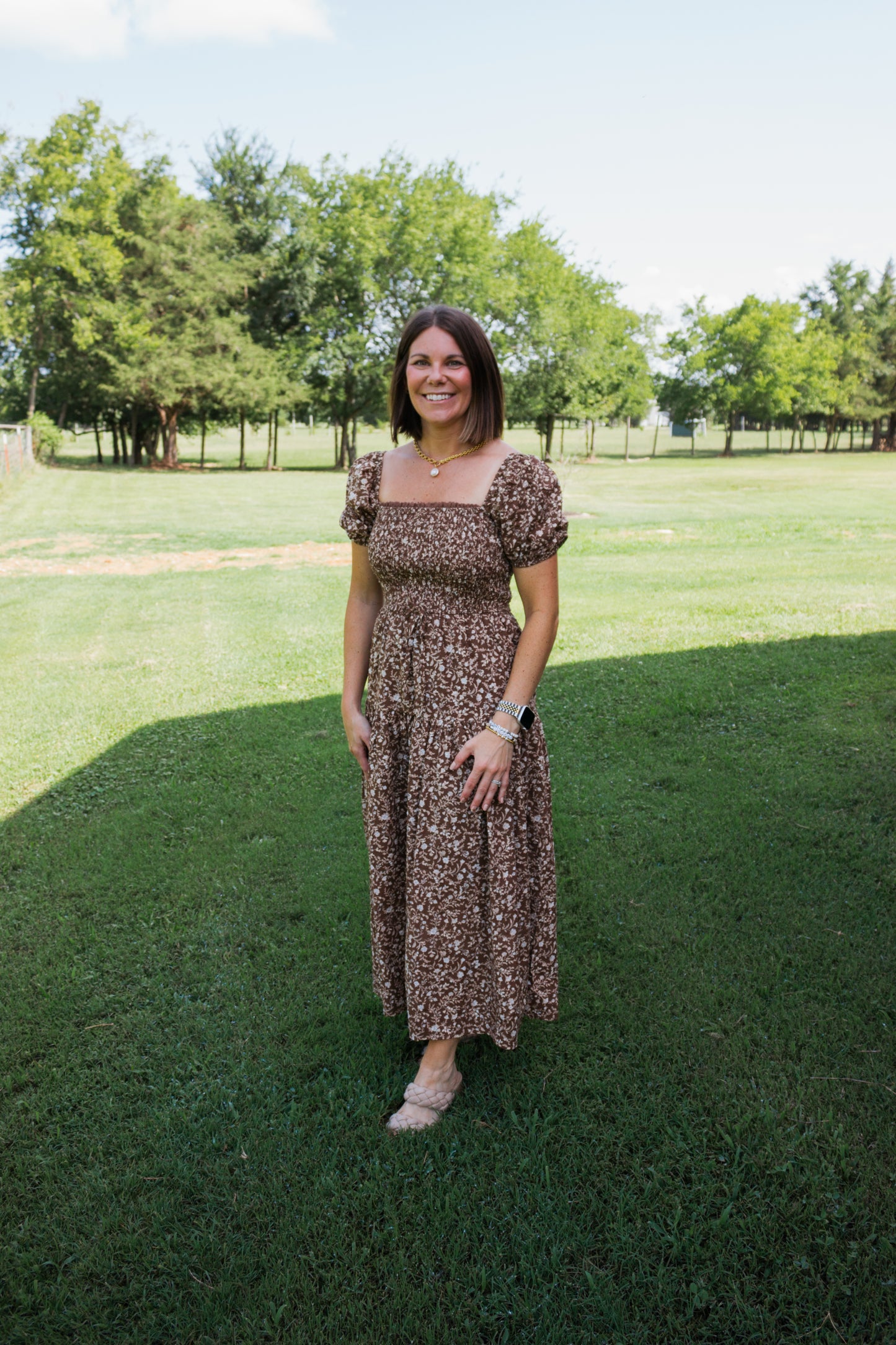 Floral Chocolate Smocked Midi Dress