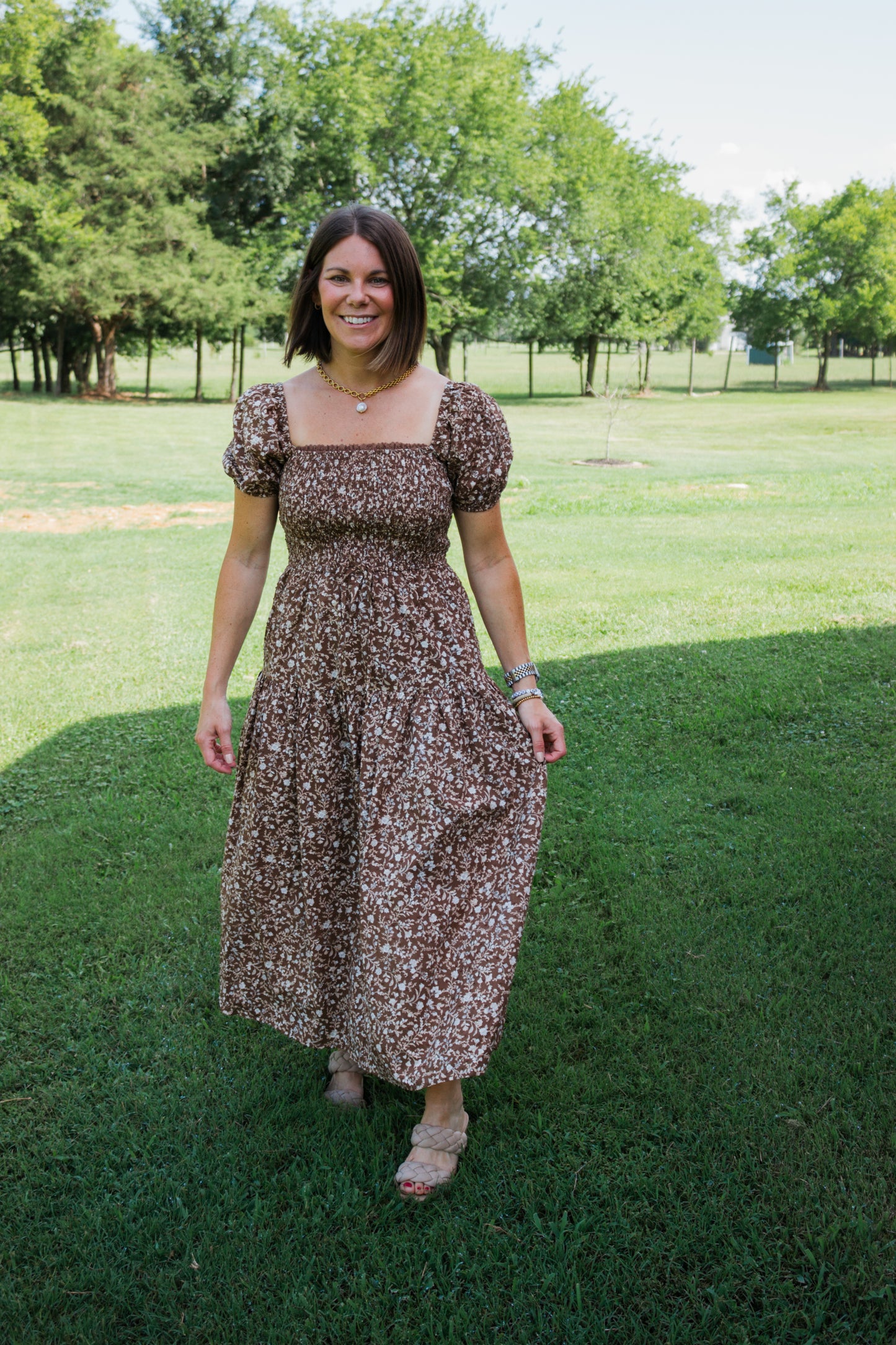 Floral Chocolate Smocked Midi Dress