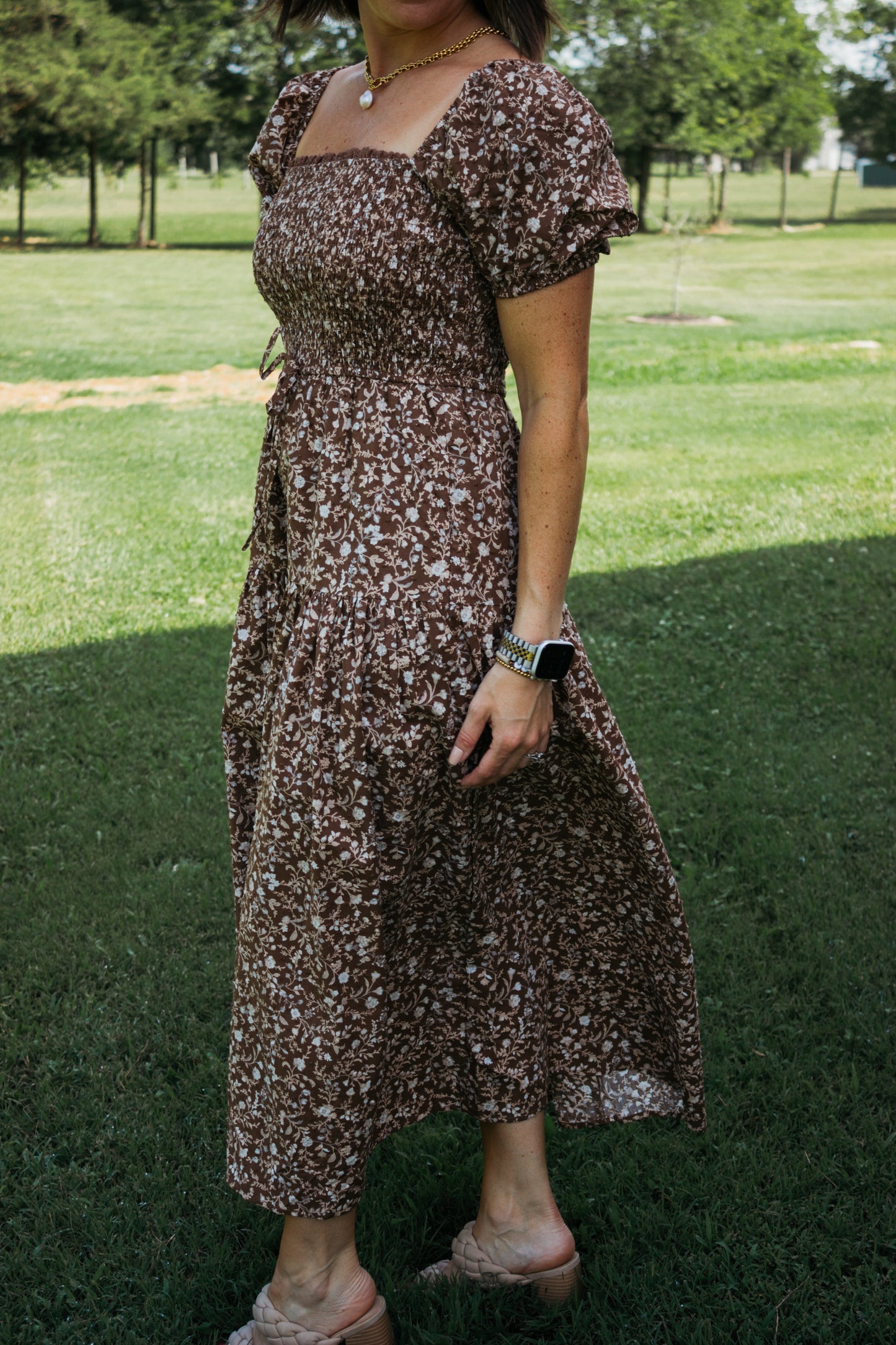 Floral Chocolate Smocked Midi Dress