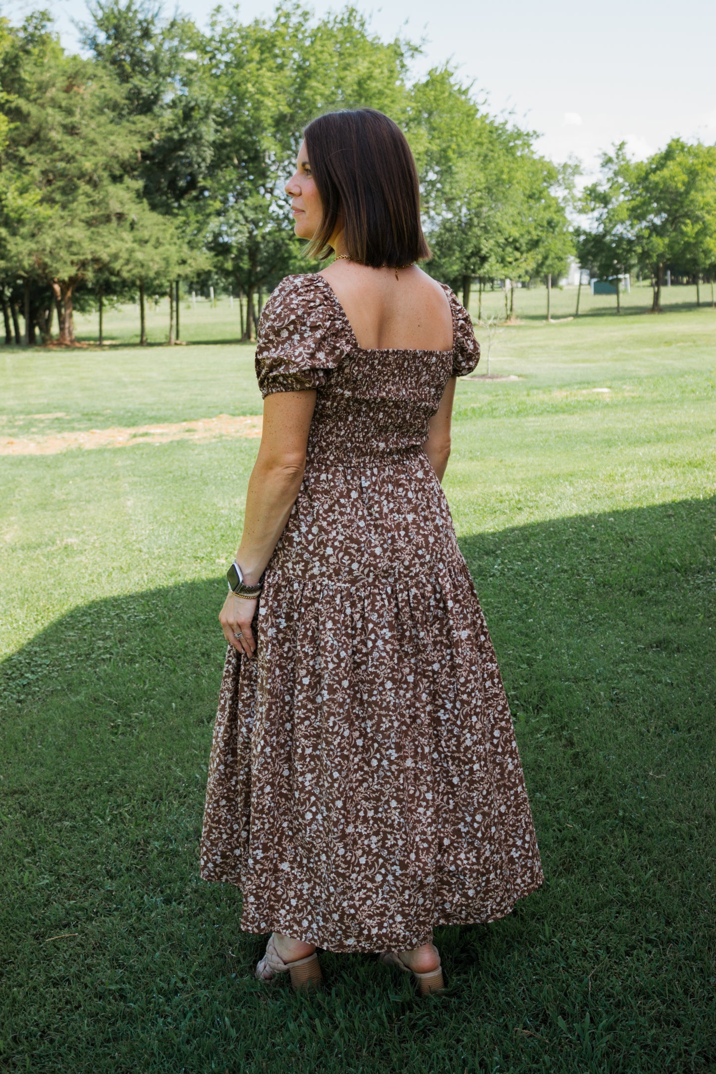 Floral Chocolate Smocked Midi Dress